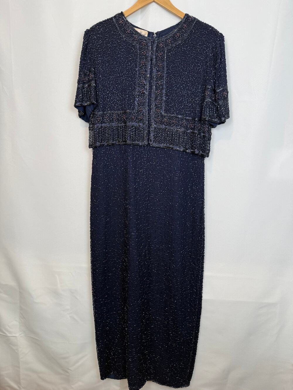 Laurence Kazar Vintage 80s Navy Silk Beaded Gown Capelet XXL